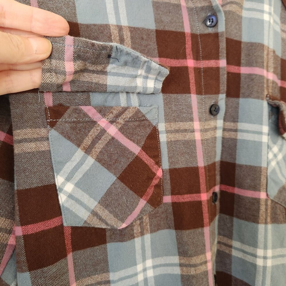 Matchstick Plaid Flannel Button-Up Shirt Blue Brown Pink Cabincore Woodsy Rustic - Picture 4 of 9